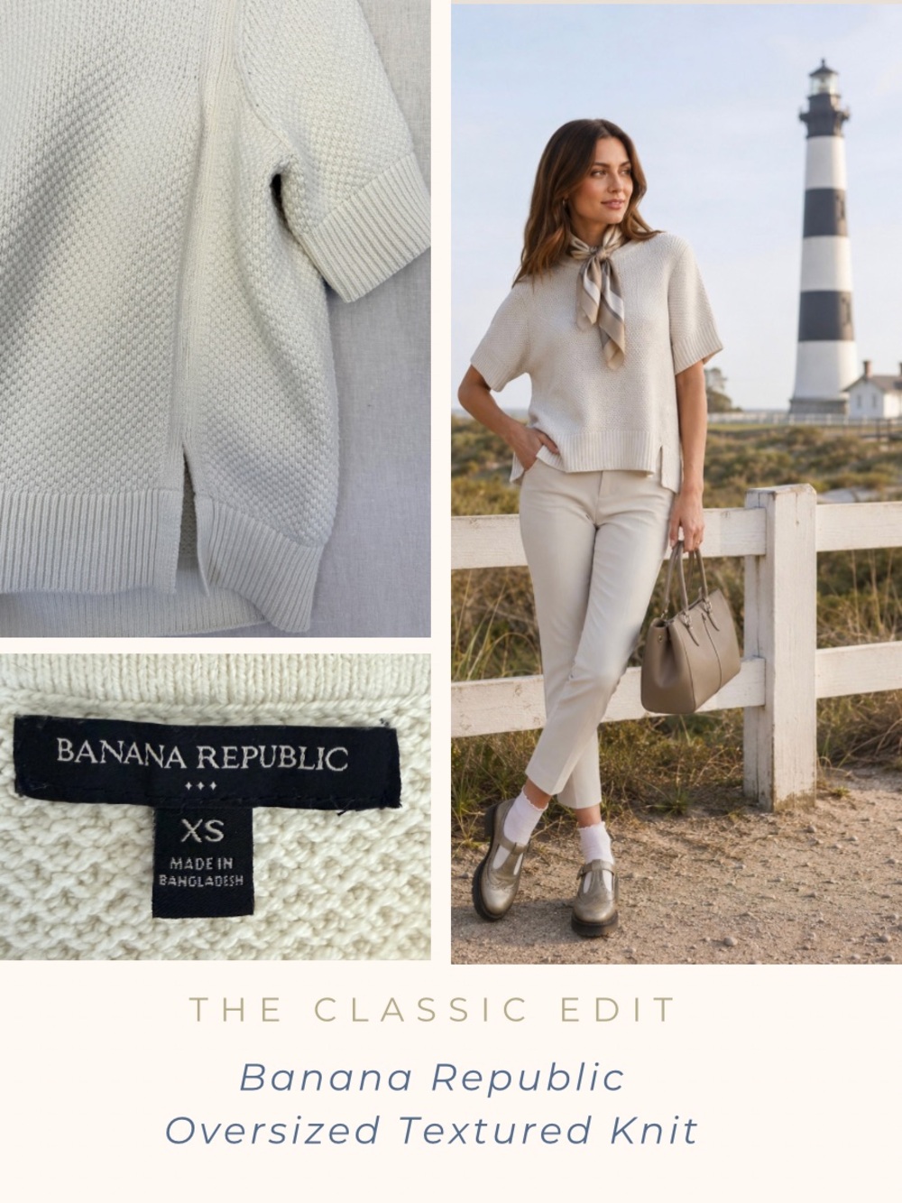 Banana Republic Oversized Textured Knit Sweater Ivory Cotton Blend Short Sleeve